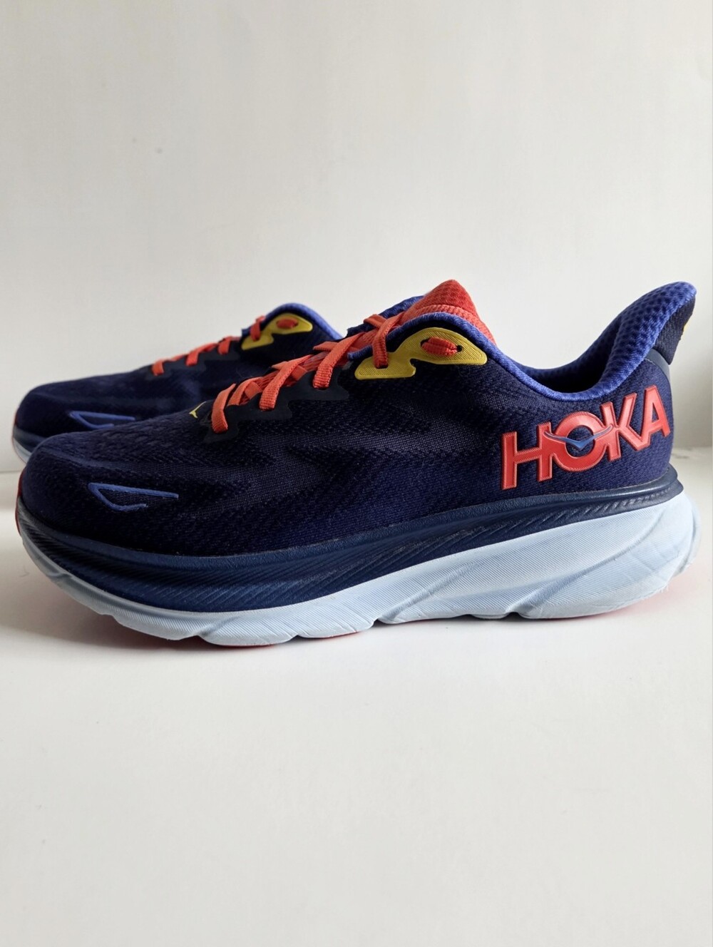 Hoka (8 Wide) Clifton 9 Road Running Shoes, Navy Blue Orange & Yellow - Picture 11 of 15